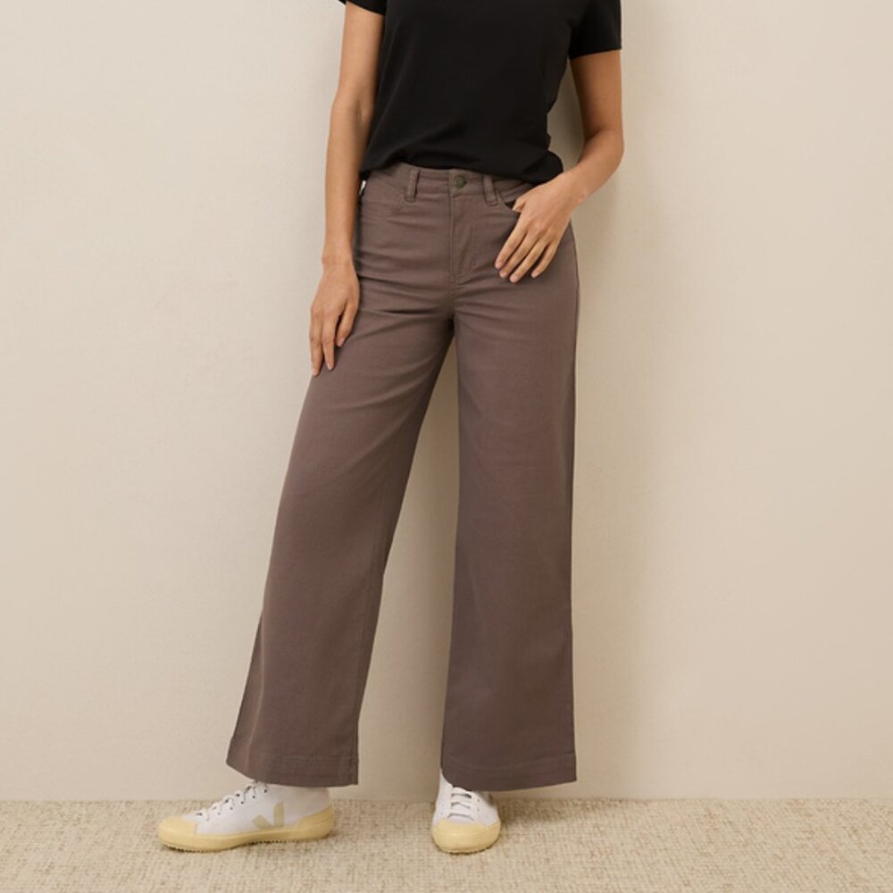 Pact Organic Women's Wide Leg Twill Pants Coffee Brown Fall Cotton 27" 28.5"